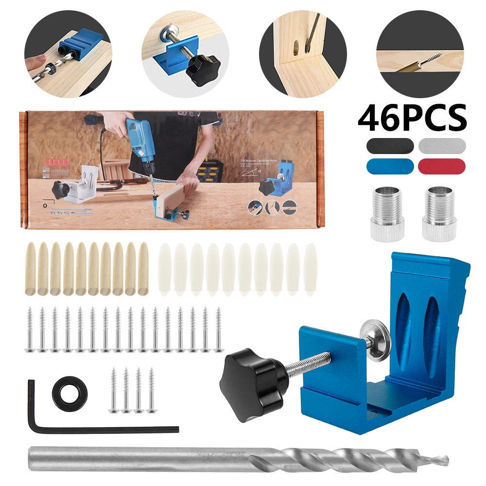 

46Pcs Oblique Hole Locator Woodworking Positioner Drill Bits Pocket Hole Jig Kit 15 Degree Angle Drill Guide Set Carpentry Tools
