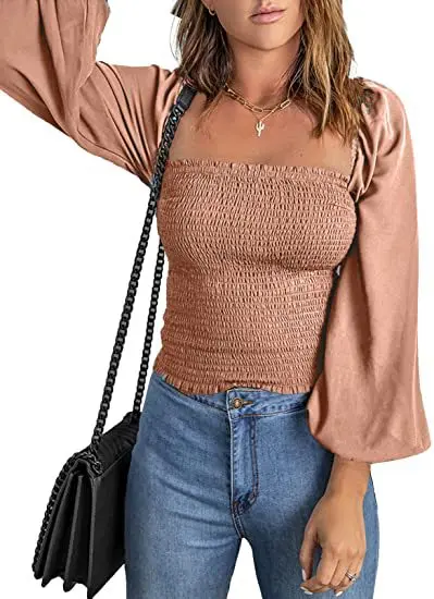 

Elegant Solid Color Tight Fitting Blouse 2023 Autumn Square Neck Long Sleeve Slim Fit Lantern Sleeve Casual Top Women's Pullover