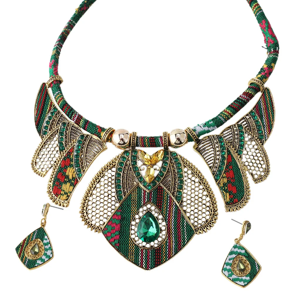 

Boho Ethnic Necklace Earrings Set Green Bohemian Jewelry Women Summer Sets Costume