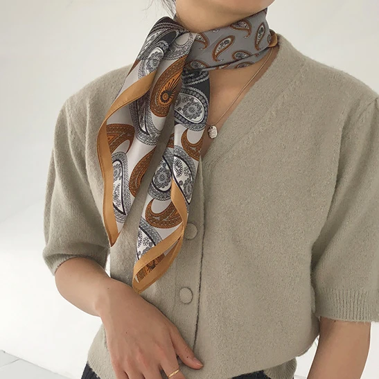 

100% Silk Hijab for Women Cashew Flowers Print 65cm Square Scarf for Bag High Quality Lady Office Neck Scarves Decorate Bandanna