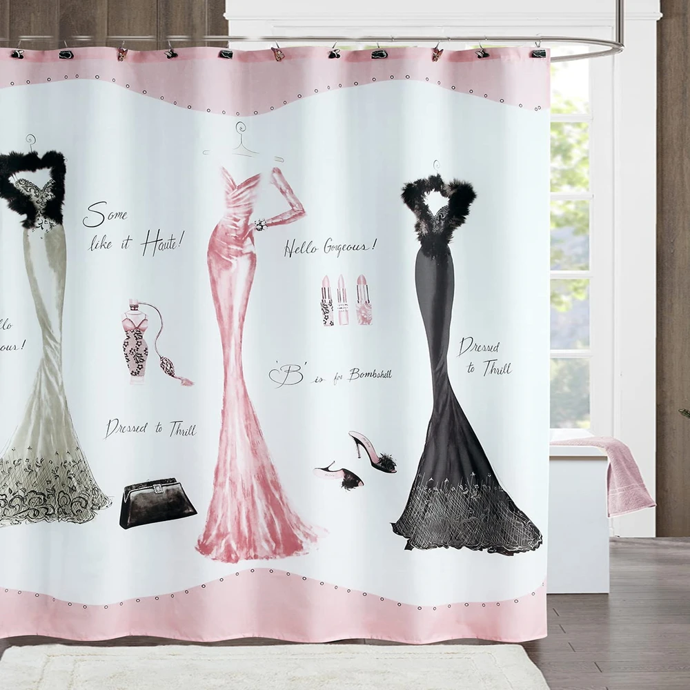 

Haute Pink Girly Dresses Shower Curtain Fashion Modern Beauty High Heels Girls Perfume Lipstick Waterproof Bathroom Curtains Set