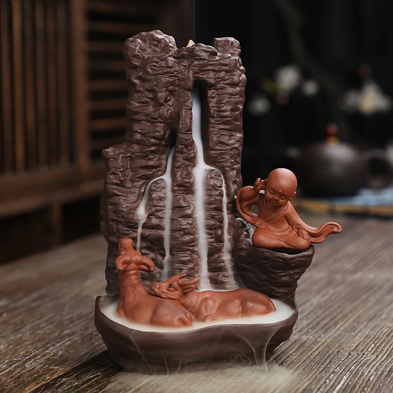 

Hand-made Purple Clay Craft Gifts Shepherd Boy and Bulls Waterfall Backflow Incense Fountain Home Decoration +Gift Incense Cones