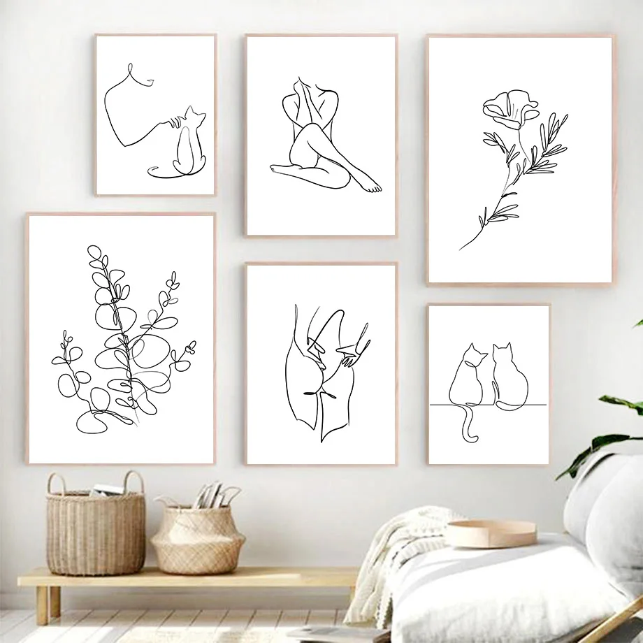Human Body Contour Girl Flower Cat Black White Wall Art Canvas Painting Posters And Prints Wall Pictures For Living Room Decor