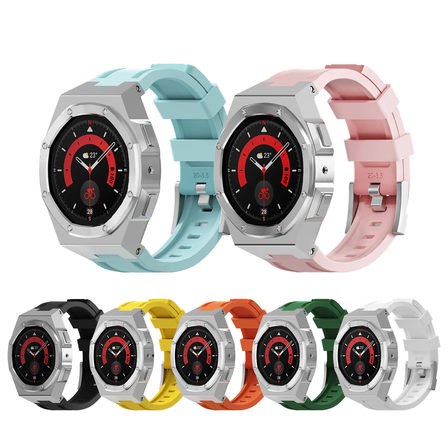 Stainless Steel Case Bezel For Samsung Watch 5 Pro 45MM Band Modification Kit for Galaxy Watch 4/5 44MM Silicone Rubber Strap