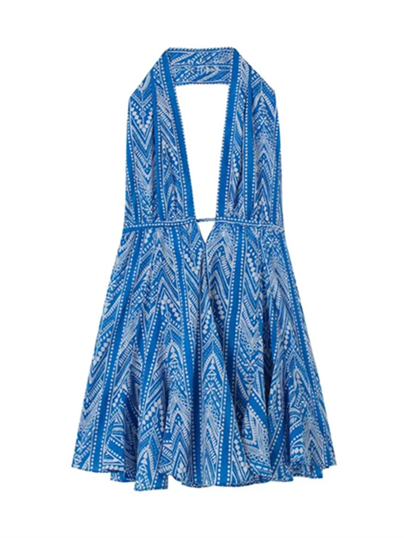 

2022 Women Short Dress Vintage Blue Print With Belt Halter Collar Woman Sexy Sleeveless Mini Lady Backless V-neck Beach Dress