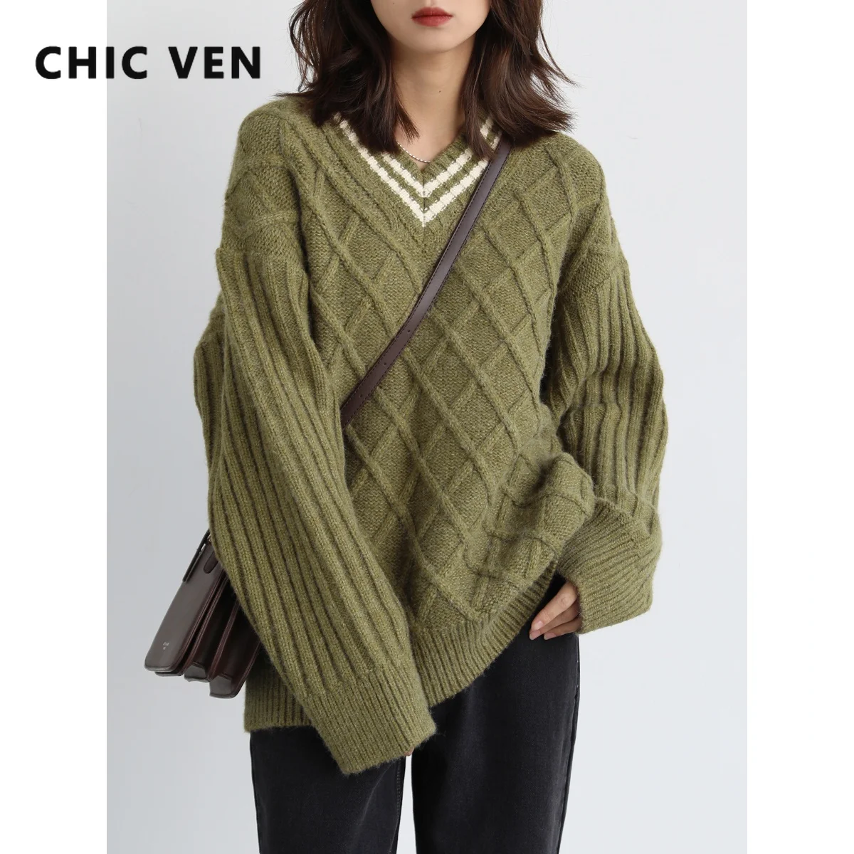 CHIC VEN Women's Sweaters Retro V-neck Turtleneck Knitted Pullover Women Jumper Long Sleeve Loose Tops Female Autumn Winter