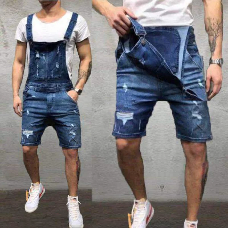 New Denim Bib Ripped Jeans Slim Streetwear Men's Shorts Cargo Pants Summer Fashion High Street Knee Length Overalls