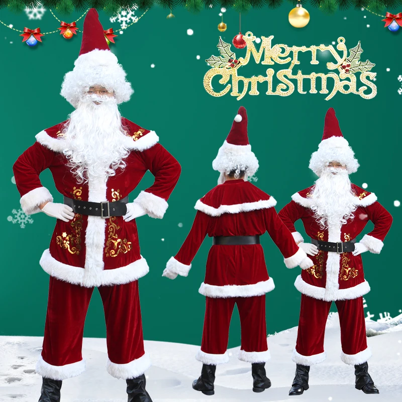 

Christmas Santa Claus Cosplay Costume Hat Belt Beard Fancy Dress Suits in Xmas Dress Carnival Party