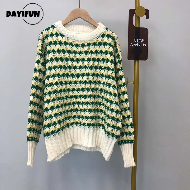 

DAYIFUN New Women Sweater O Neck Pullover Chic Thicken Striped Sweaters Winter Clothes Sweet Jumper Leisure Loose Knitwear