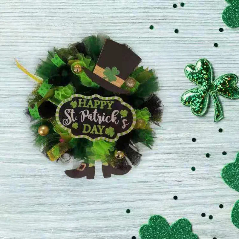 

40cm Irish Festival Wreath Clover Ribbon Garland Personalized Themed Party Hanging Ornament For Home Garden Porch Decor