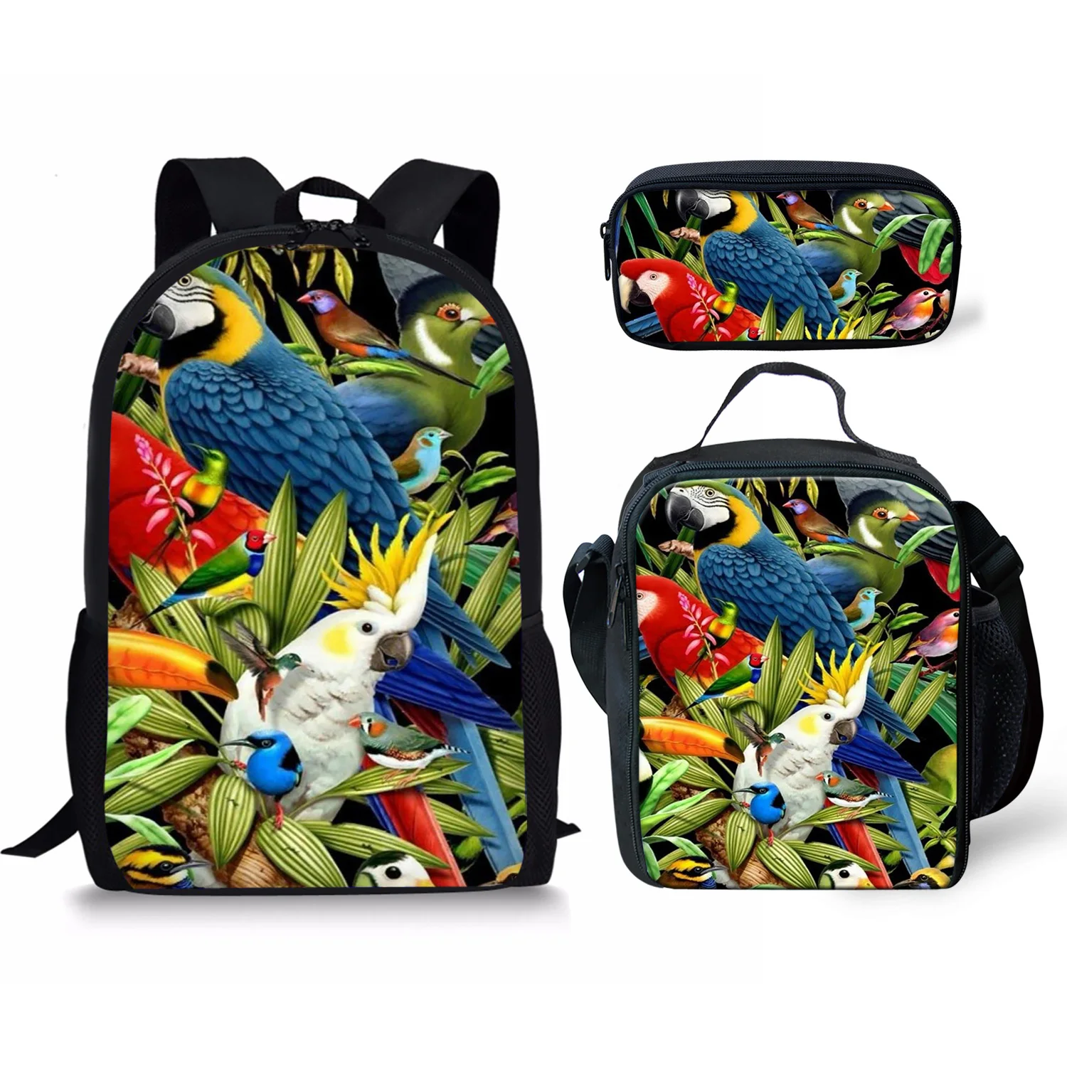 Multicolored Parrot Pattern 3pcs School Backpack Girls Boys Large Capacity Pencil&Lunch Book Bags Student Satchel Free Shipping