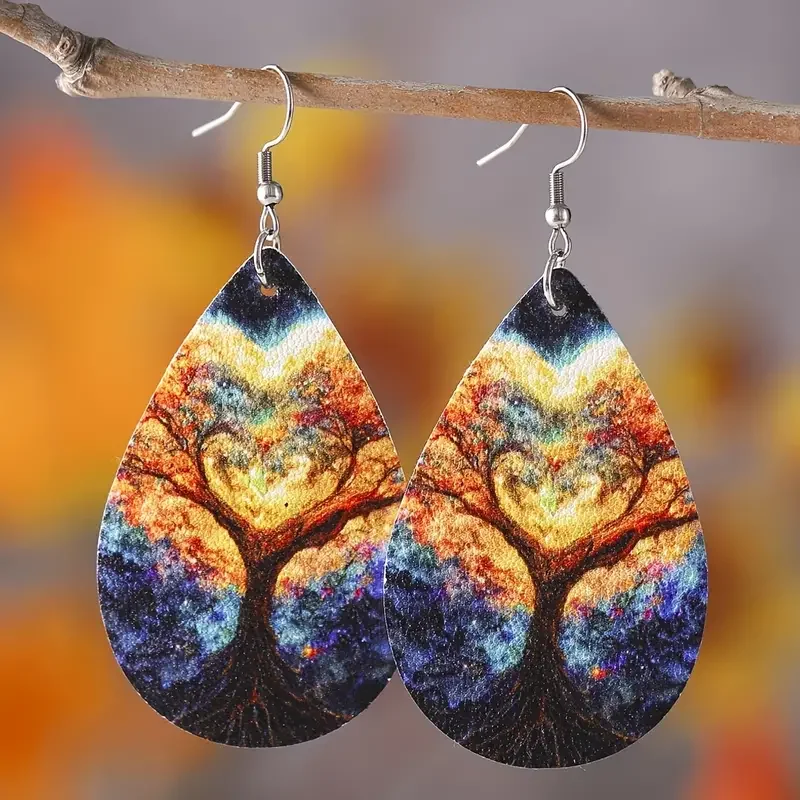 

1Pari Bohemian Fashion Style PU Leather Droplet Earrings Life Tree Print Men's and Women's Daily Wear Ear Jewelry Creative Perso
