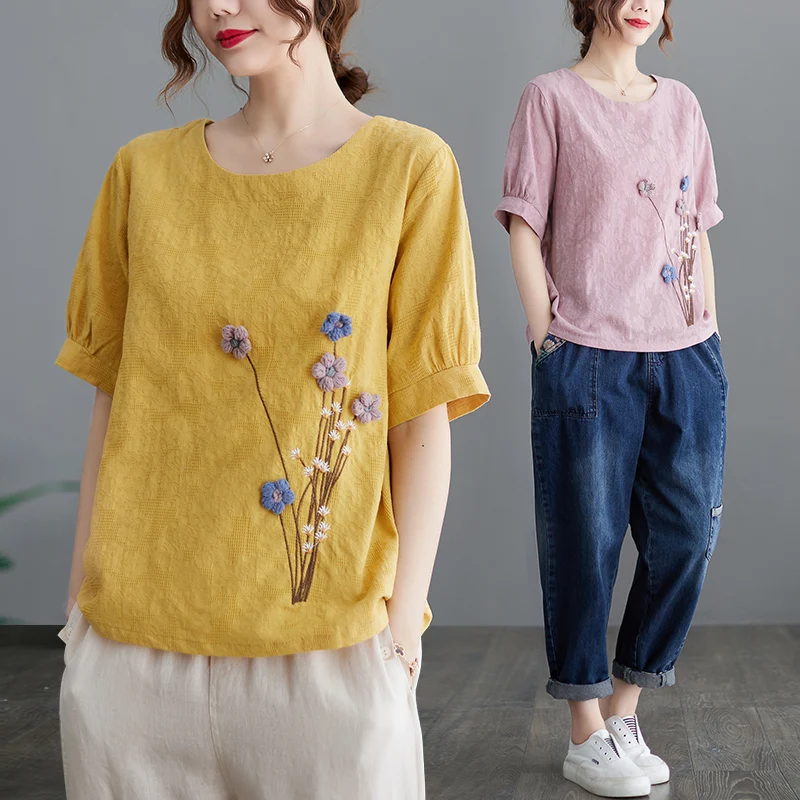 

2022 Large Cotton Linen Printed Short Sleeve Top Loose T-shirt Top Fashion