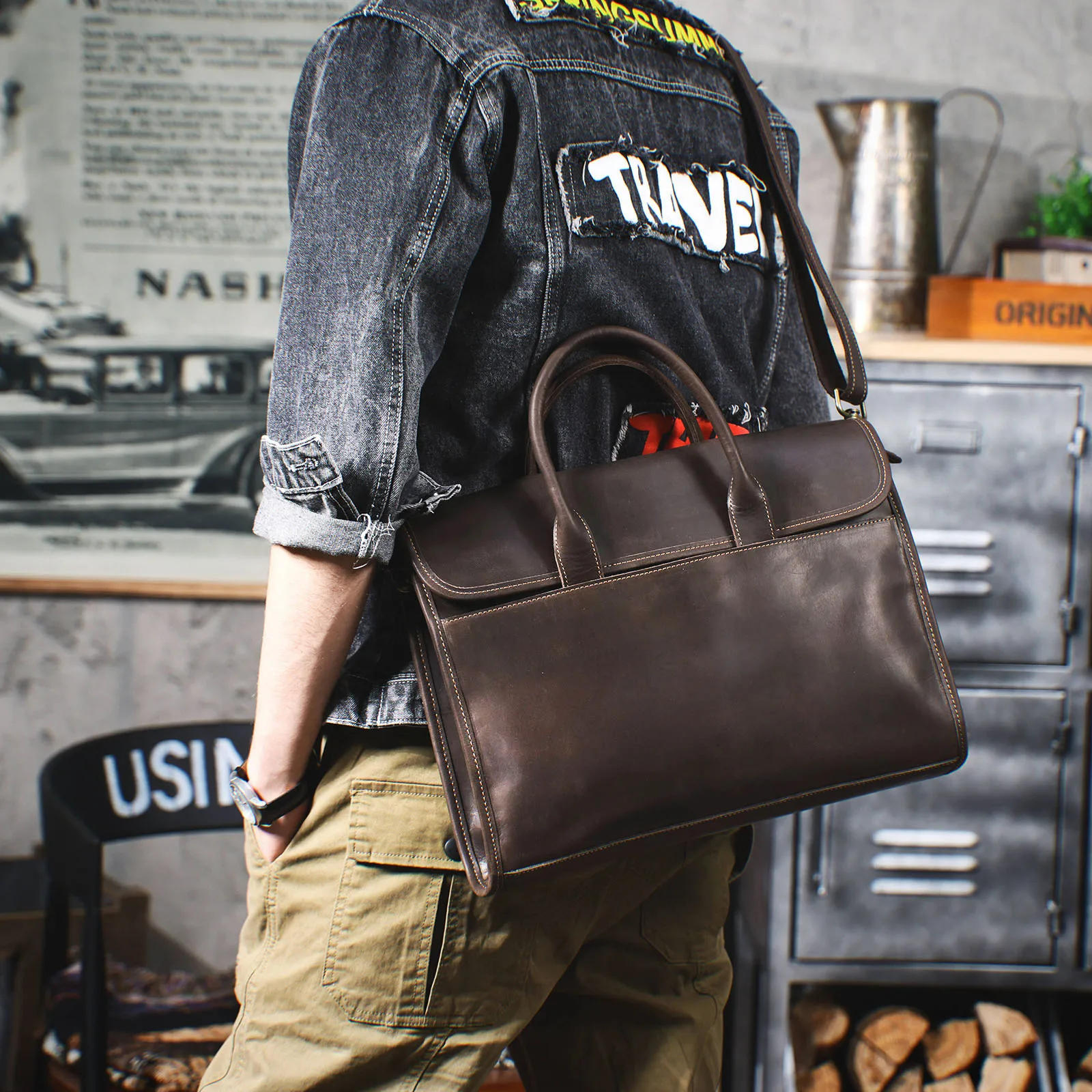 Мужской винтажный портфель из натуральной кожи