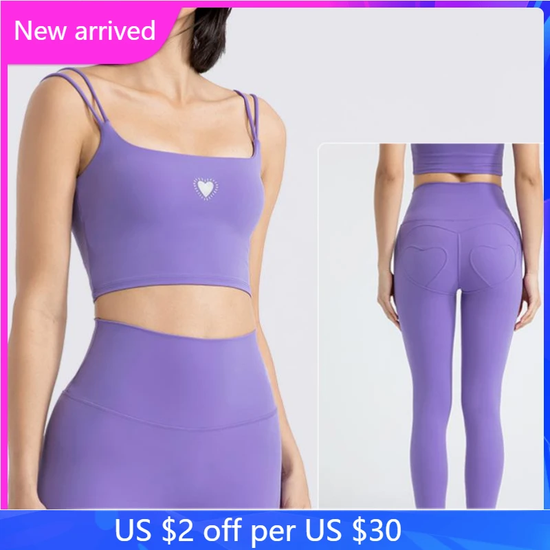 

New Double-shoulder Straps Shock-proof Sports Camisole Top High Waist Buttocks Sports Tights 2-piece Heart Print Yoga Suit