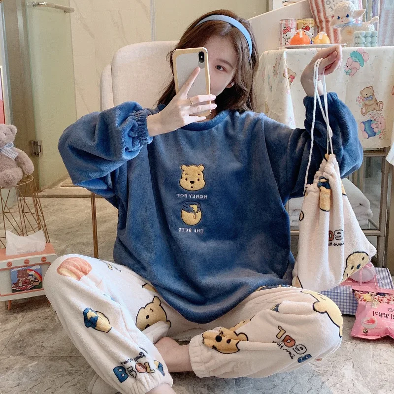 

Flannel Set Warm Sleepwear Pajamas Pyjamas Female Suit Velvet Thick Pajama Plush Sweatshirt Homewear Women Winter