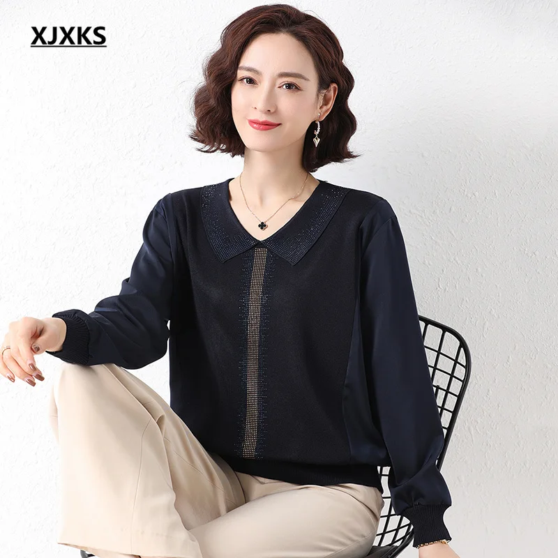 

Модный женский тонкий свитер с лацканами XJXKS, новинка сезона весна-осень 2022, свободный Женский бархатный пуловер золотого цвета высокого ка...