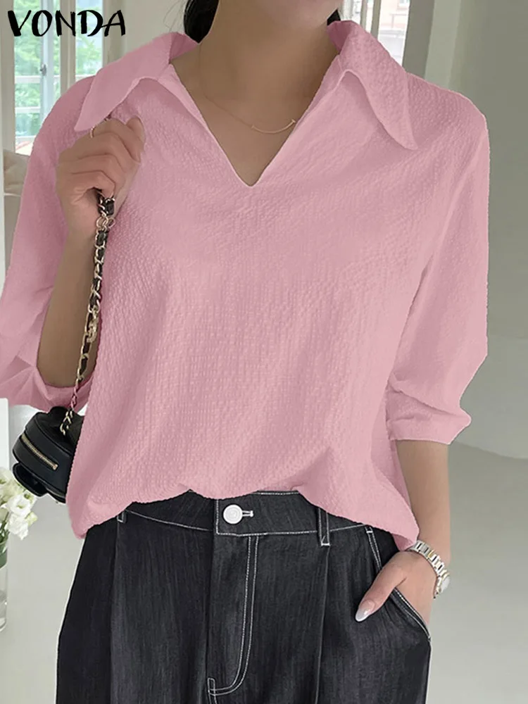 

Осенние Топы VONDA, Женская Повседневная Блузка с воротником с отворотом, винтажная однотонная женская блузка с рукавом 3/4, мешковатая женская...