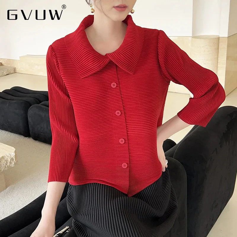 GVUW плиссированная женская рубашка с лацканами однобортная длинным рукавом