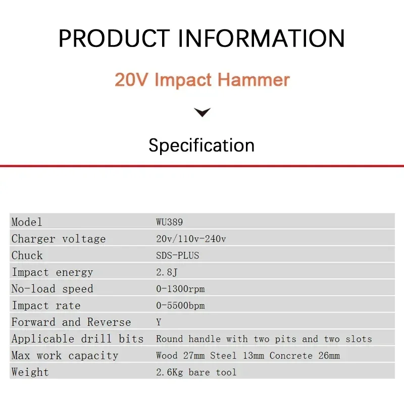 Worx WU389 Сверхмощный беспроводной перфоратор Бесщеточный перезаряжаемый 20 В Imapct 2 8