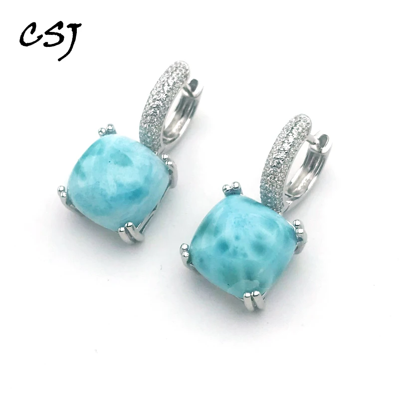 CSJ Natural Larimar Dangle Earrings Sterling 925 Silver Gemstone Cushion 12mm for Women Birthday Party Jewelry Gift