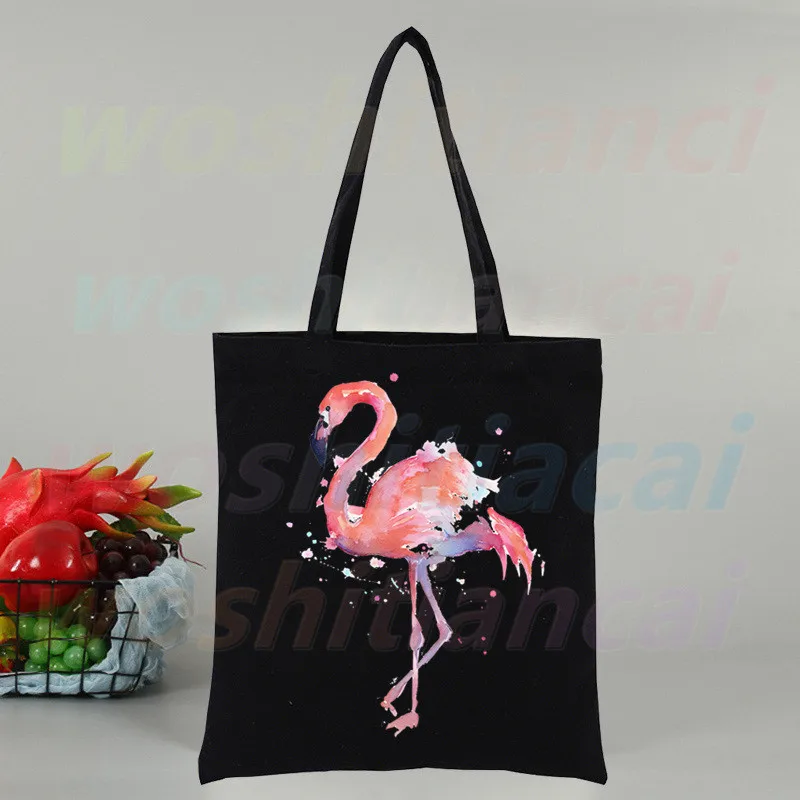 

Flamingo Large Women's Shopper Bag Canvas Tote Shoulder Bags Shopping Bag with Print Black Cloth Handbags Eco Friendly