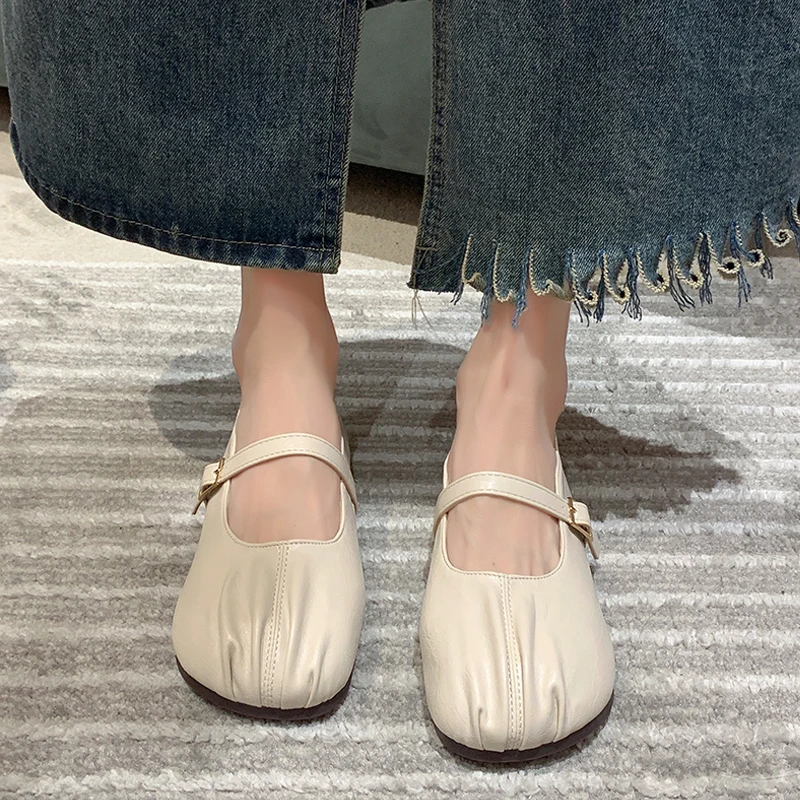 Retro Soft Leatherette Mary Jane Shoes Woman Concise Round Toe Pleated Design Ballet Flats Ladies Vintage Comfy Loafers