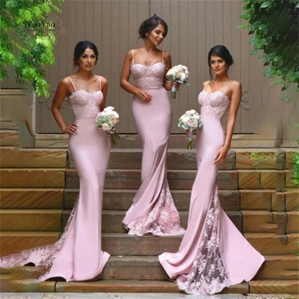 

Pink Lace Applique Bridesmaid Dress Women's Wedding Sexy Open Back Mermaid Party Prom Gown Vestido Madrinha De Casamento Longo