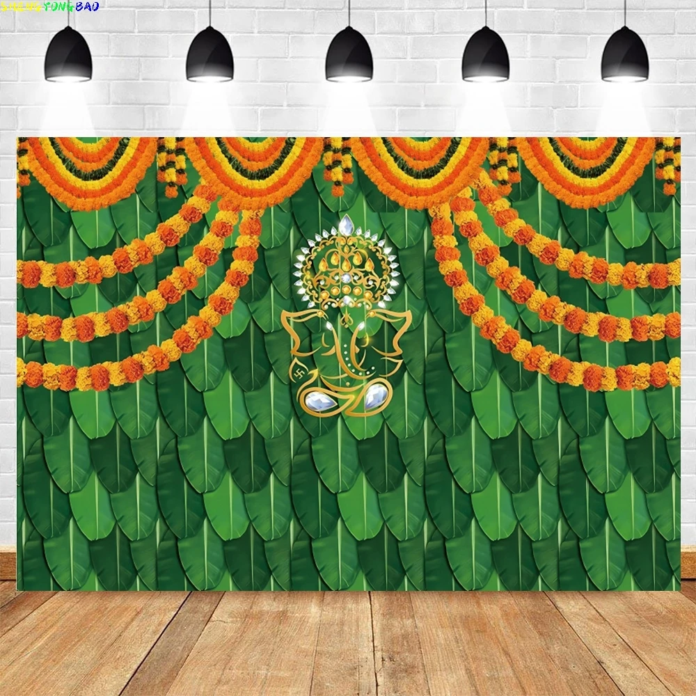 Фото Индийский традиционный фон Pooja для фотографии, зеленый банановый лист календулы, фон Chatiya Ganesh Puja, патио, свадебная вечеринка №3