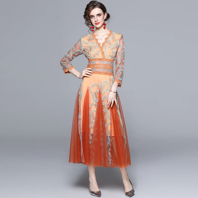 

New Summer High Quality Mesh Embroidery Chic Beach Dress Women Orange Tulle Long Maxi Boho Holiday Seaside Dresses