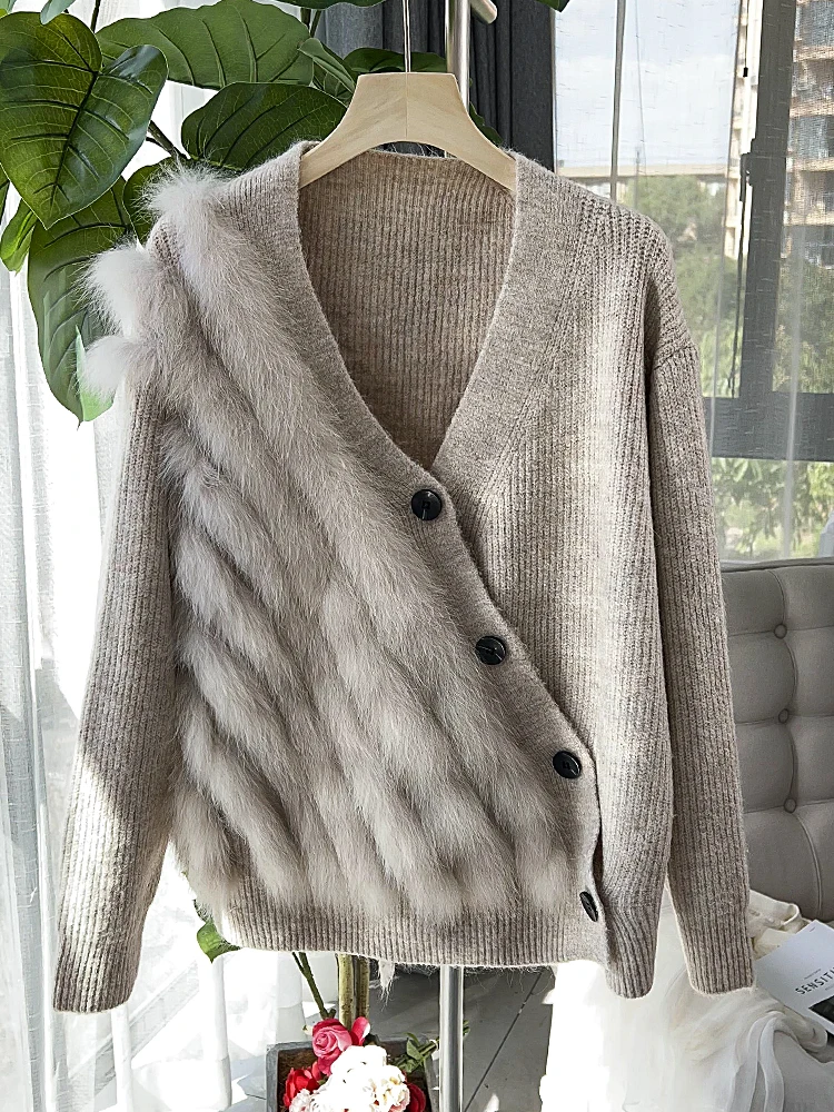 2023 New Autumn Winter Genuine Fox Fur Knitwear Coat For Women Y2K Style Female Oblique Buttons Irregular Sweater Cardigan