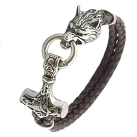 nordic celtic wolf bracelet viking thors hammer stainless steel leather bracelet mens viking jewelry