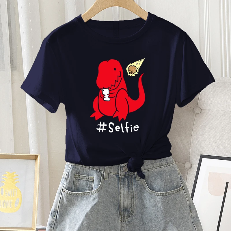 Funny T-shirt Women Casual Daily Summer Short Sleeve Dinosaur Selfie Print Female Graphic Fashion Streetwear Round Neck Tee Tops