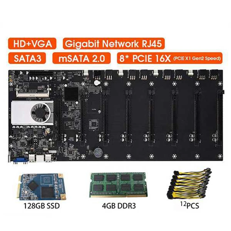 Mining Motherboard 8 GPU Bitcoin Crypto Ethereum With DDR3 128GB MSATA SSD 12X8pin Power Cable(Black) |