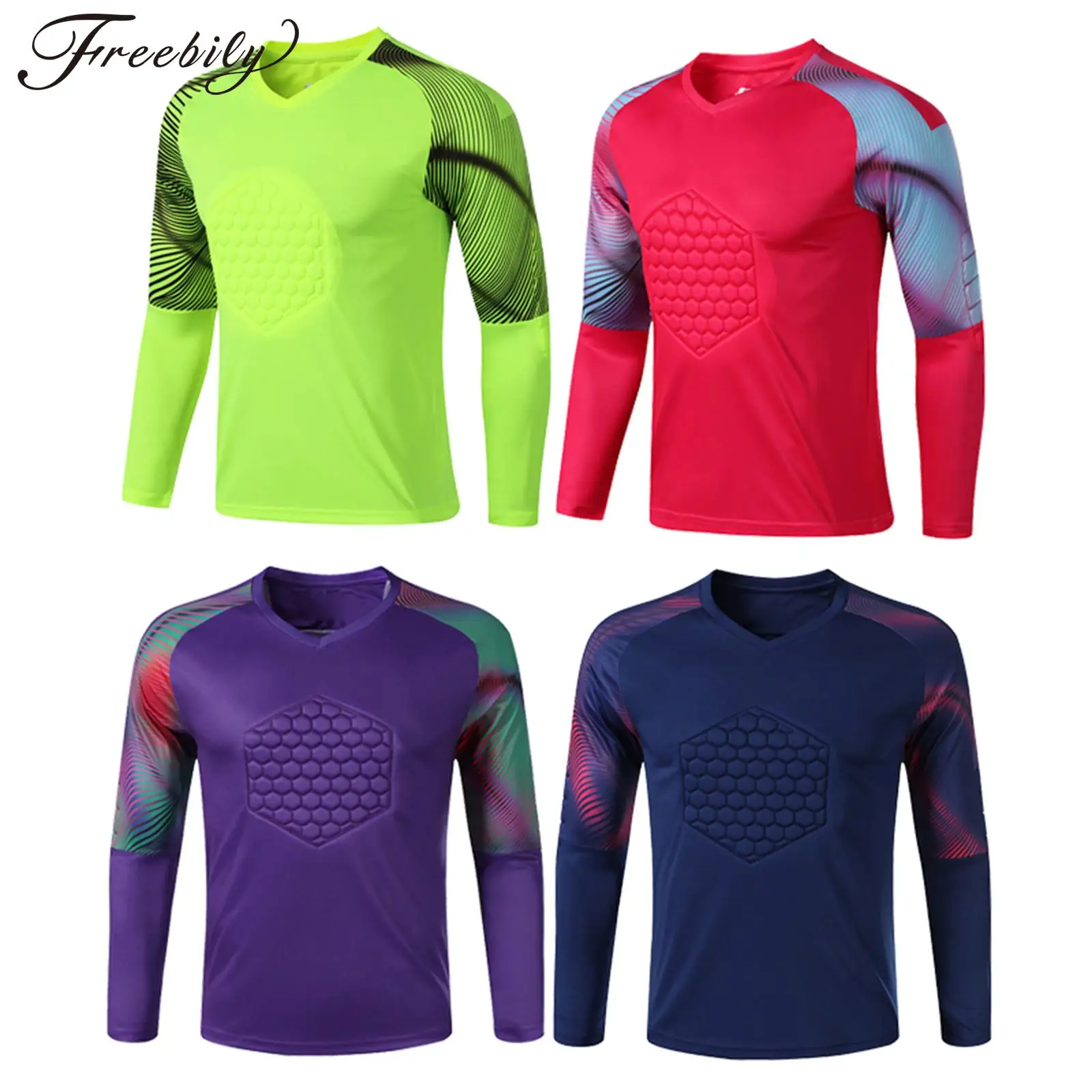 

Mens Fashion Warm Soccer Football Goalkeeper Uniforms Striped Long Sleeve Polyester T-shirts Protective Sponge Pad Training Tops