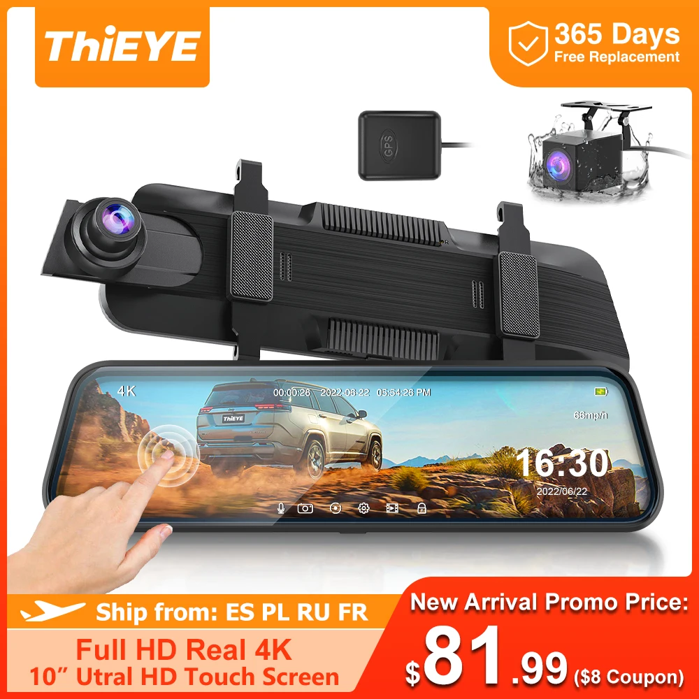 ThiEYE Carview 4 10inch IPS Touch Screen 4K Video Recorder Dash Camera Night Vision Dual Lens Mirror Rear View Camera Car DVR