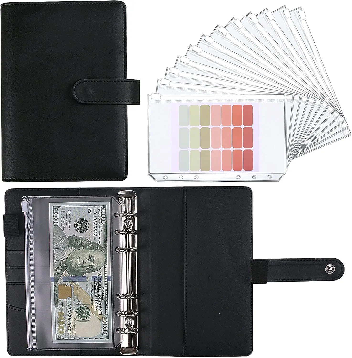 

New A6 Budget Binder Planner with 12 Pieces Cash Envelopes Colorful PU Leather Notebook Binder with 12 PCS A6 Binder Pockets