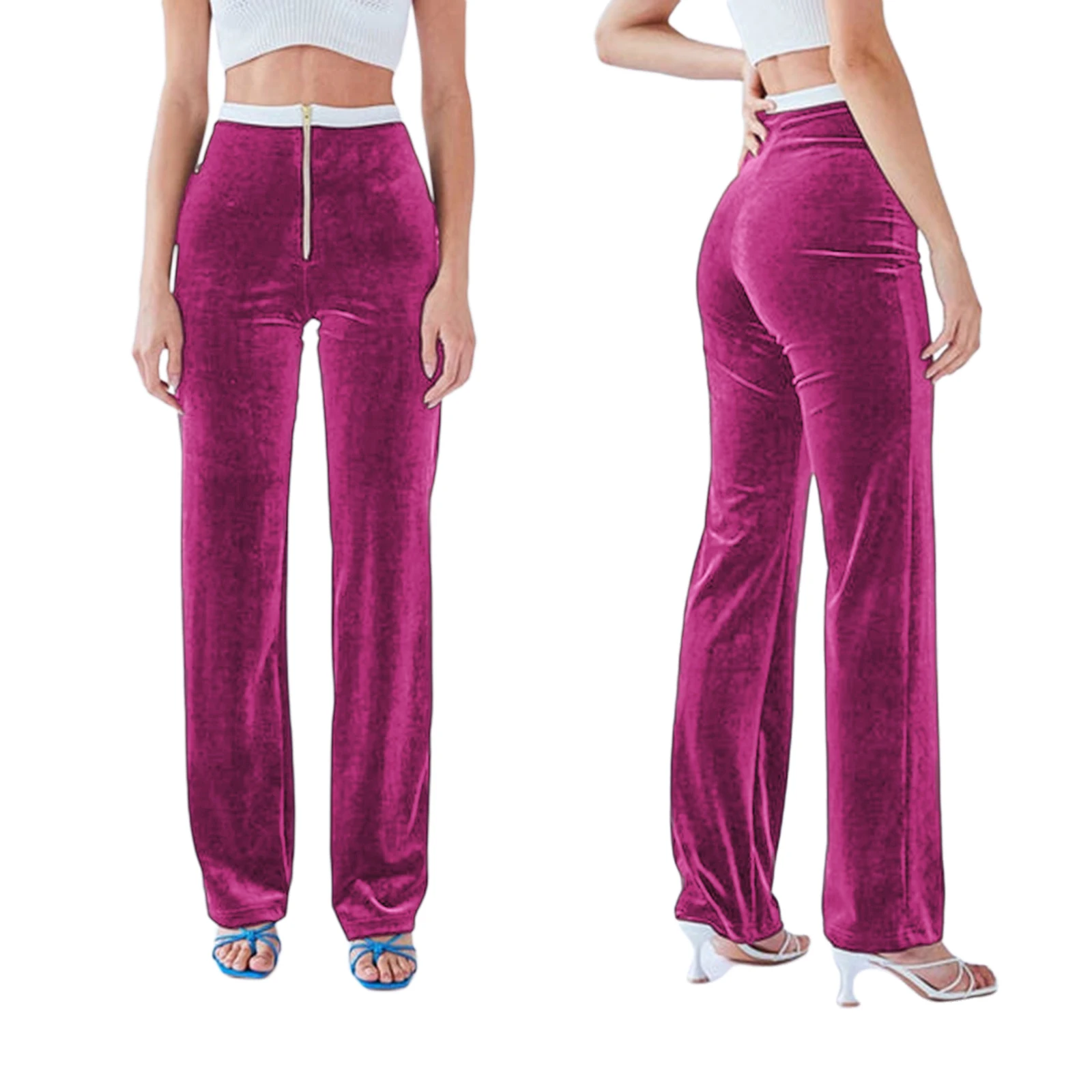 

2022 Autumn Women Velvet Long Pants Ladies Leisure Splicing Waistband High Waist Zipper Boot-cut Trousers