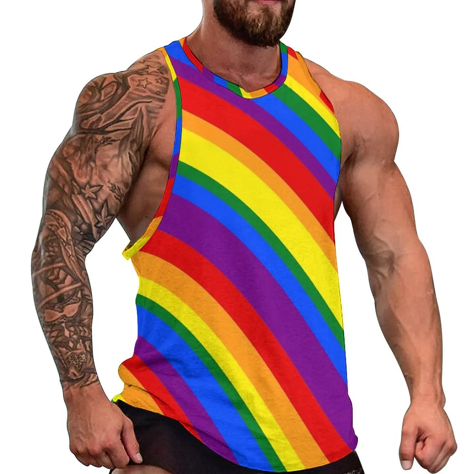 

Rainbow Striped Summer Tank Top Colorful Lines Print Training Tops Man Custom Streetwear Sleeveless Shirts Large Size