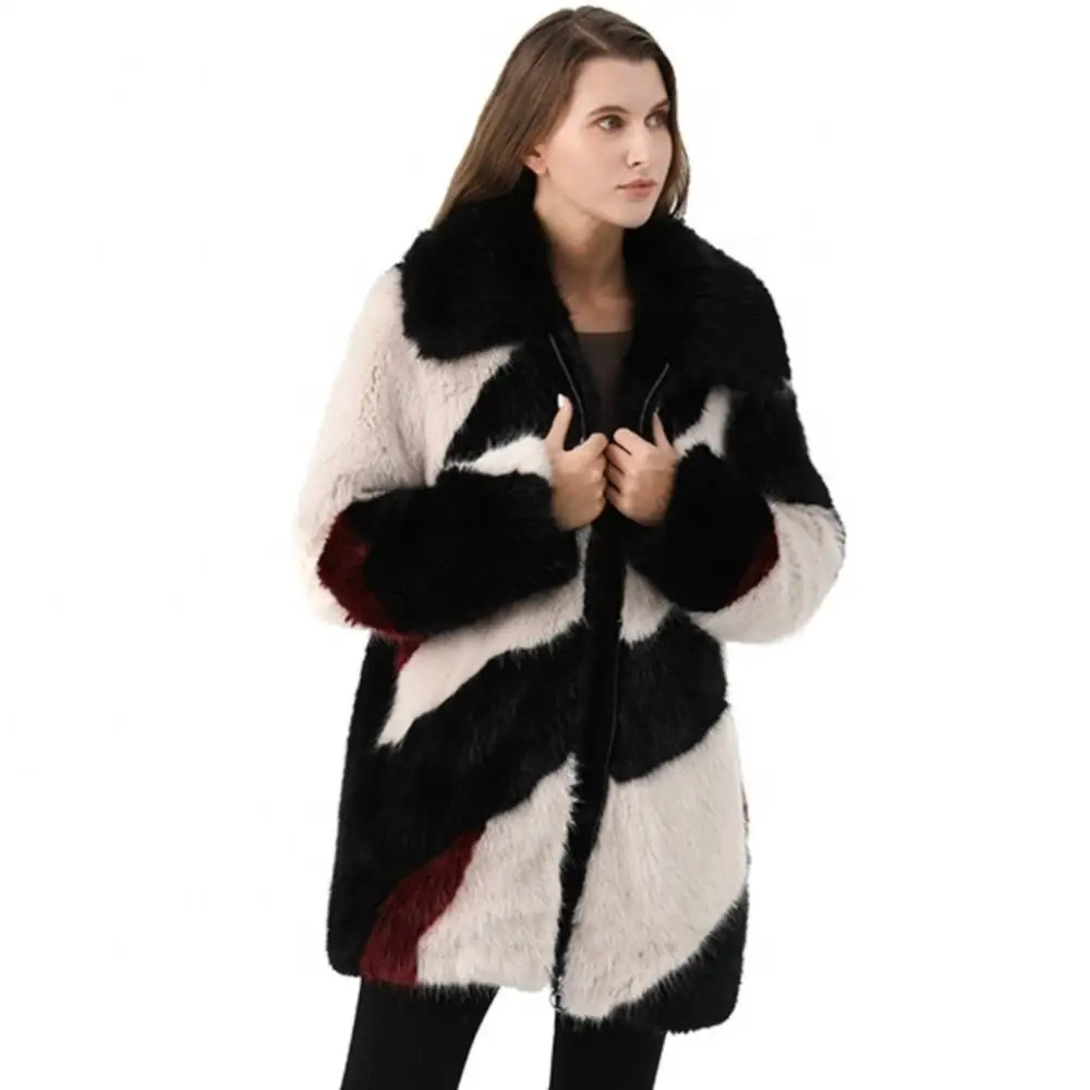 Winter Fashion Loose Warm Thick Real Fur Women Jacket Long Zipper Lapel Fluffy Real Fur Mink Coat Leisure Striped Windbreaker