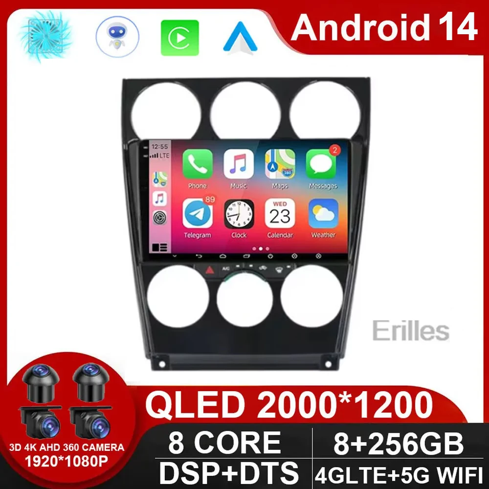 Автомобильный радиоприемник Android 14 мультимедийный Carplay для Mazda 6 2004-2015 4G Wi-Fi Navi GPS DSP