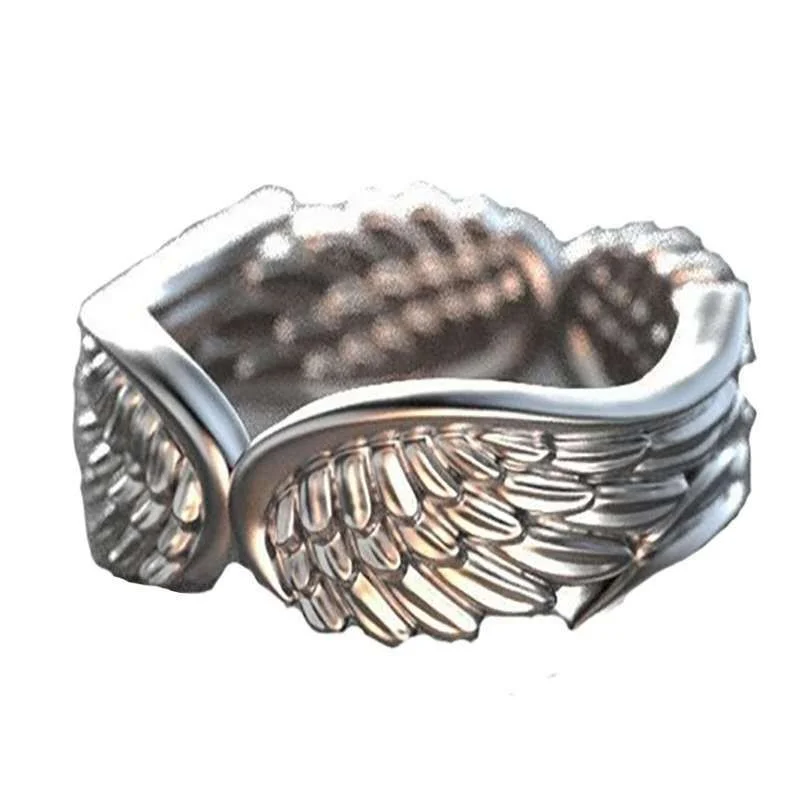 

European and American Vintage Thai Silver Black Ring Angel Wings Feather Open Ring Women and Jewelry Party Lovers Gift