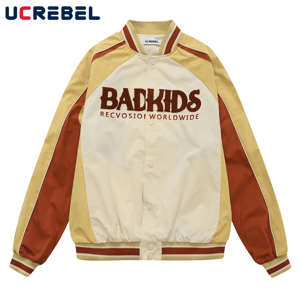 

Letter Towel Embroidery Baseball Jacket Mens Autumn Winter Spliced Baseball Uniform Retro Color Block Casual Men Outerwear