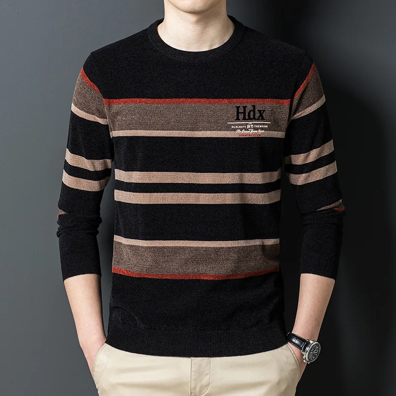 

MLSHP Spring and Autumn Long Sleeve Mens Sweaters High Quality Round Collar Striped Jacquard Casual Pullovers Male Sweaters 3XL