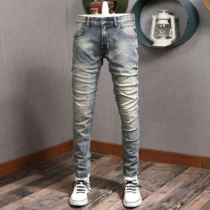 Fashion Designer Men Jeans High Quality Retro Washed Blue Elastic Stretch Slim Fit Ripped Jeans Men Vintage Denim Pants Hombre