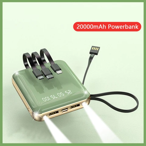 Mini Power Bank 20000 мАч Портативное зарядное устройство с двумя USB-портами Powerbank с USB-кабелем типа C для iPhone 15 14 Запасной аккумулятор Samsung Xiaomi