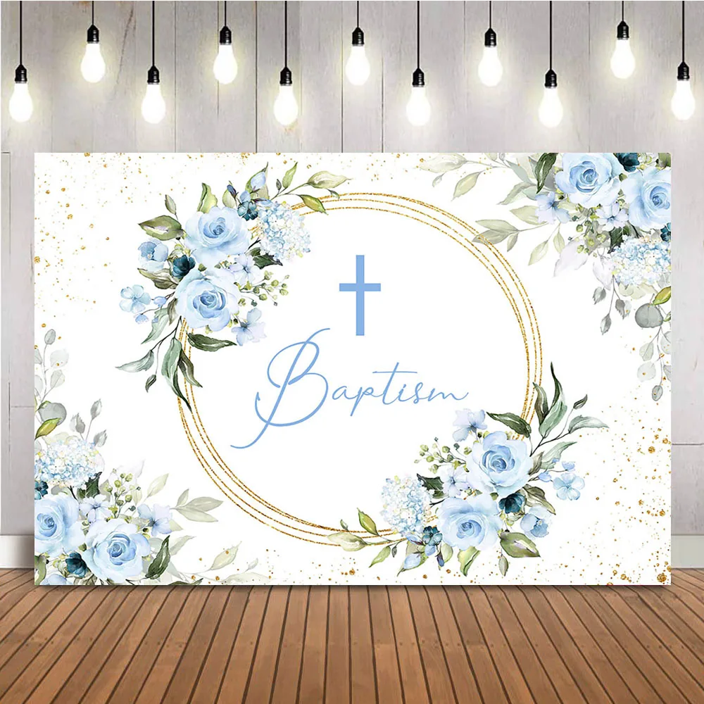 

Голубые цветы и крест фон крестин детский душ фотобудка фон фотосессия золотые блестящие точки украшение Баннер реквизит