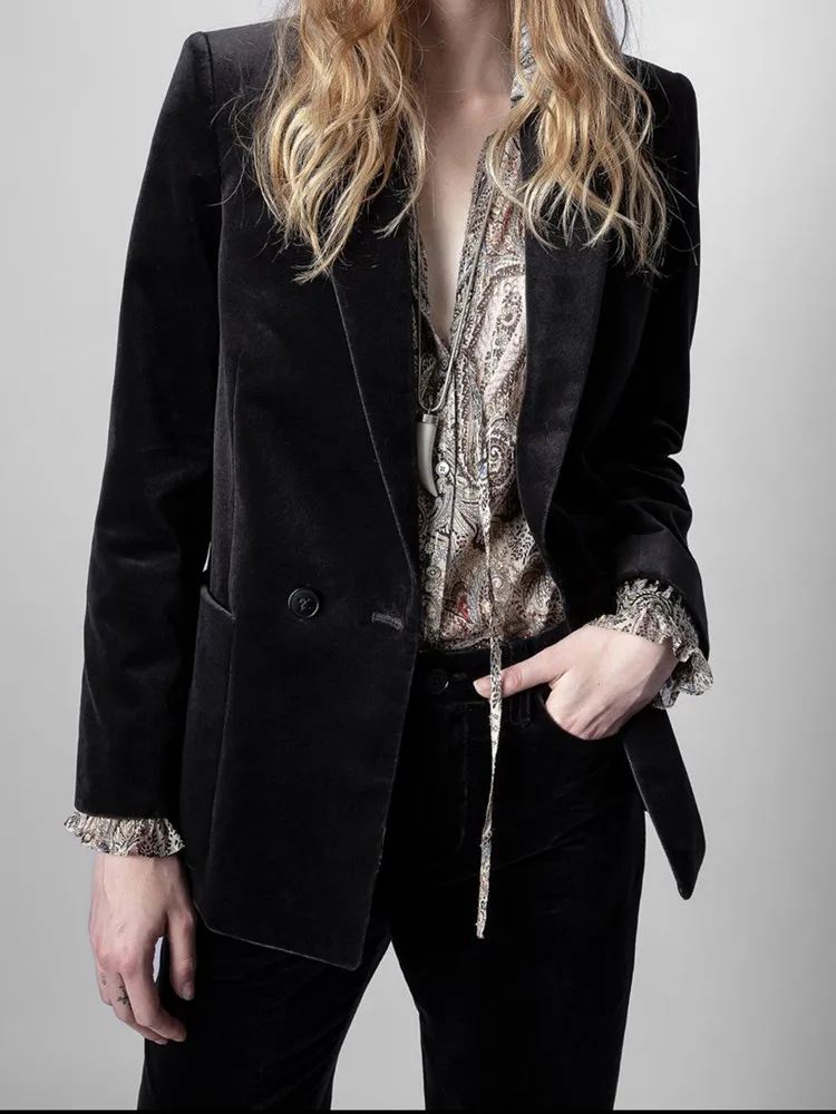 

Women's Jacket Velvet Notched Double Breasted Long Sleeved Coat