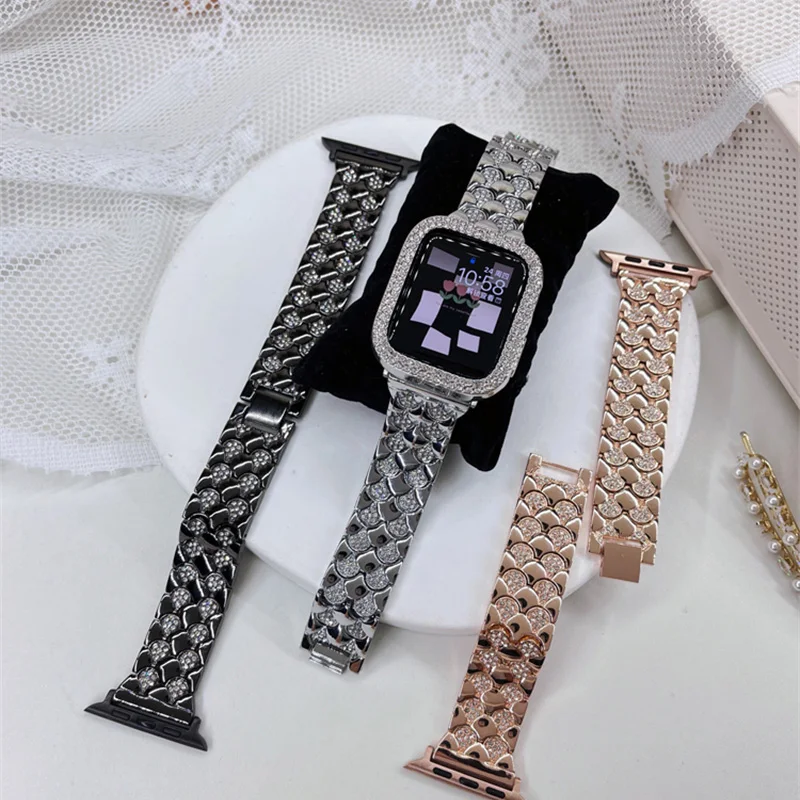 

Роскошный Алмазный ремешок для Apple Watch Band 41 мм 40 мм 45 мм 44 мм 38 мм 42 мм, Женский металлический браслет из нержавеющей стали iWatch SE 7 6 5 4
