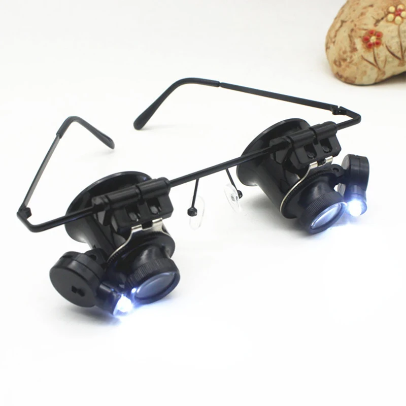 

Профессиональная увеличительная линза 20X, очки с двумя очками, инструмент для ремонта ювелирных изделий и проверки, увеличительное стекло с двумя регулирусветодиодный светодиодными лампами